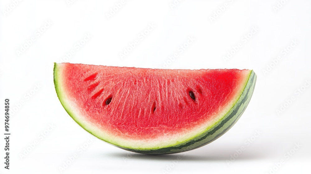 A slice of watermelon showcasing its vibrant red flesh and green rind. A slice of watermelon showcasing its vibrant red flesh and green rind.