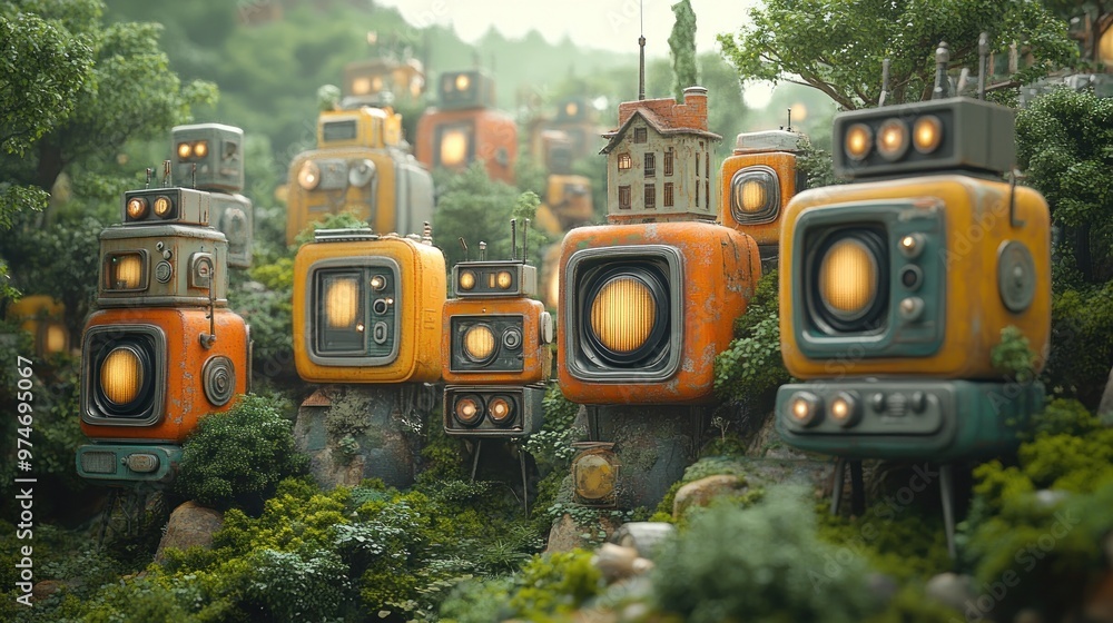 Colorful retro televisions nestled in a lush, green landscape. Colorful retro televisions nestled in a lush, green landscape.