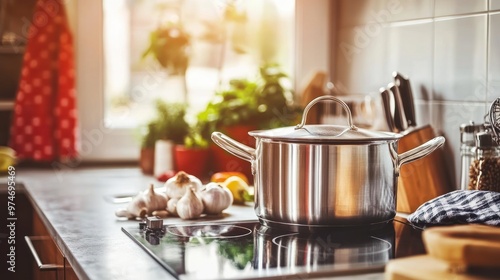 A cozy kitchen scene featuring a pot, garlic, and fresh ingredients on a countertop.