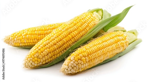 Three ears of fresh corn with husks, showcasing vibrant yellow kernels.