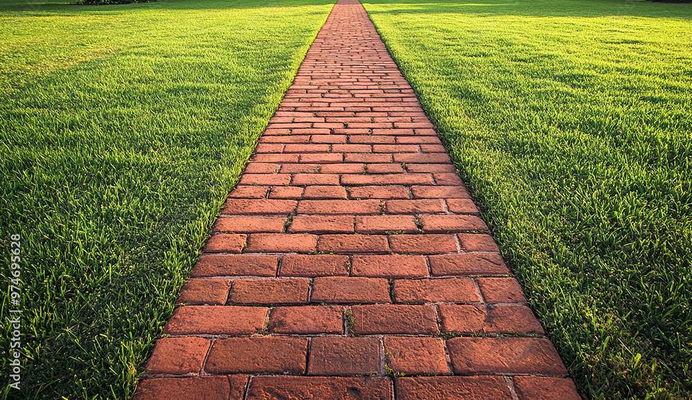 A long, red brick pathway leads to the right, with green grass on both sides A long, red brick pathway leads to the right, with green grass on both sides