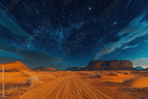 Stars trailing in the night sky over a silent desert photo