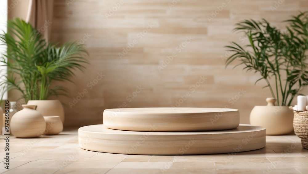 Travertine Empty Round Podium on Blurred Travertine Empty Round Podium on Blurred