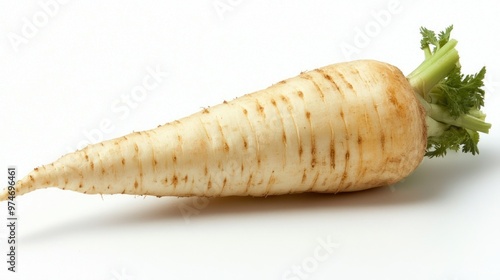 A fresh parsnip with green tops, showcasing its natural shape and texture.