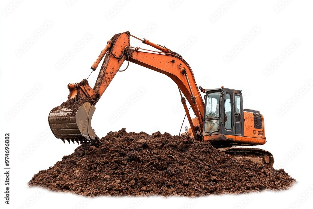 Mini excavator digging into a mound of earth on a white background Mini excavator digging into a mound of earth on a white background