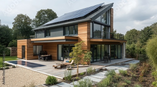 Modern eco-friendly house with solar panels and landscaped garden.