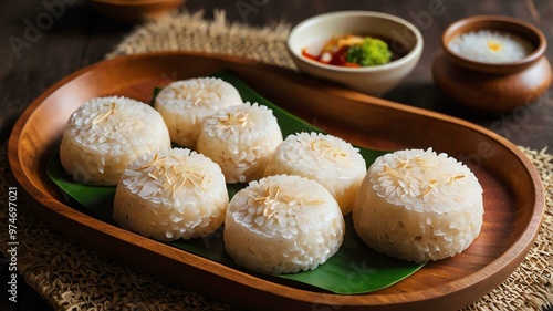 leonardo kino xl putong puti filipino kakanin traditional rice served aesthetically in a wooden plate and table photo