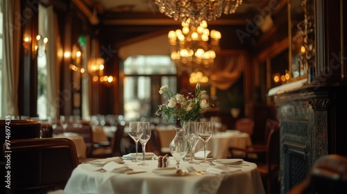 Elegant dining setup in a luxurious restaurant with chandeliers and floral centerpieces.