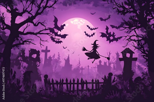 cemetery on halloween night with evil pumpkins, bats and in the background a haunted castle and the full moon. Halloween Banner illustration