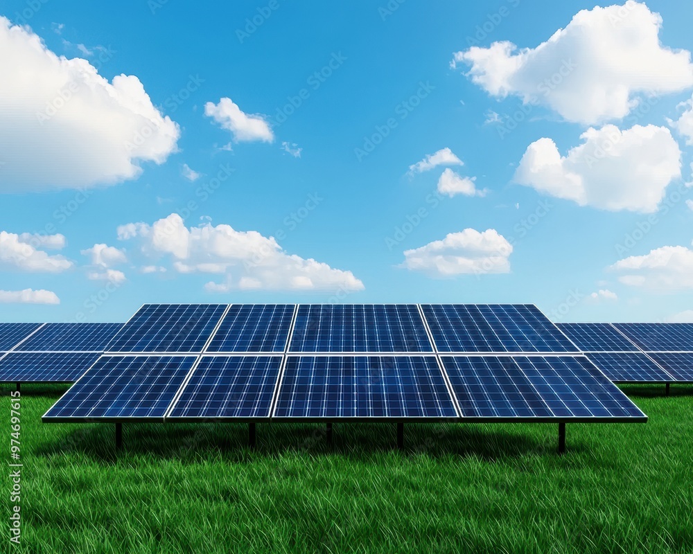 Vibrant solar panel array on lush green grass under a clear blue sky, symbolizing renewable energy and sustainable technology. Vibrant solar panel array on lush green grass under a clear blue sky, symbolizing renewable energy and sustainable technology.