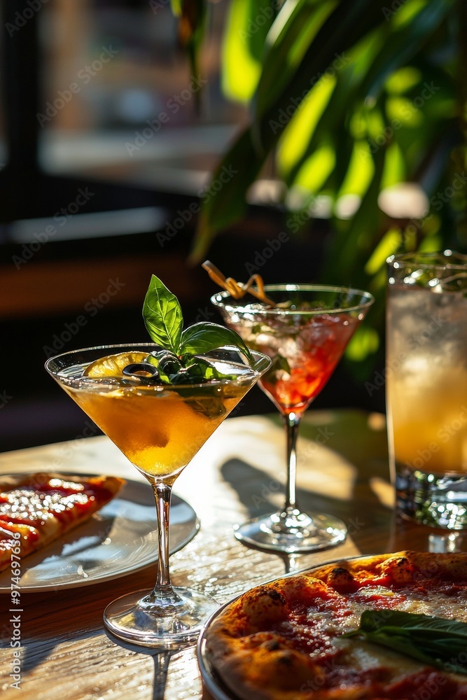 Cocktails and Pizza Slices on a Table in a Sunlit Restaurant Setting Cocktails and Pizza Slices on a Table in a Sunlit Restaurant Setting