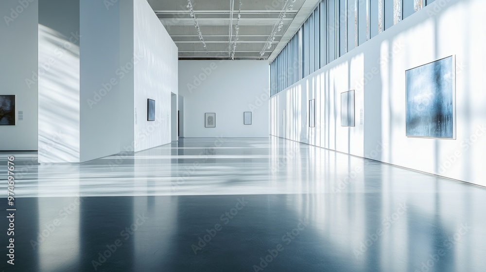 A spacious art gallery with minimalist design and natural light highlighting the artworks. A spacious art gallery with minimalist design and natural light highlighting the artworks.