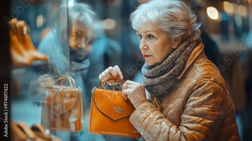 In company of elderly mother girl buyer examines showcase with handbags and selects product that will successfully complement chosen model of moccasins Picture was taken through glass : Generative AI photo