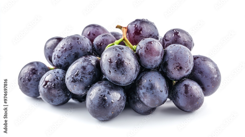 A cluster of fresh, purple grapes with droplets of water. A cluster of fresh, purple grapes with droplets of water.