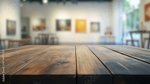 A wooden table in an art gallery with blurred background artwork.