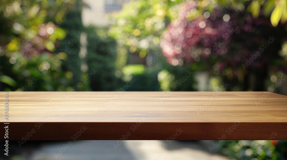 A wooden tabletop in a lush garden setting, suggesting an inviting outdoor space. A wooden tabletop in a lush garden setting, suggesting an inviting outdoor space.