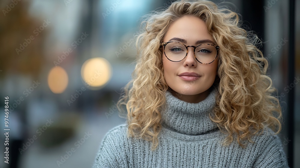 Beautiful plus size model with blond curly hair wearing grey knitted sweater and hipster glasses posing on city street Fashion everyday outfit for cold season : Generative AI Beautiful plus size model with blond curly hair wearing grey knitted sweater and hipster glasses posing on city street Fashion everyday outfit for cold season : Generative AI