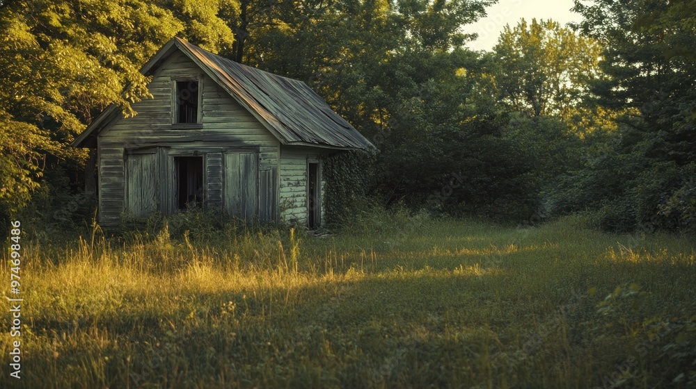 An old, weathered house surrounded by tall grass and trees in a serene natural setting. An old, weathered house surrounded by tall grass and trees in a serene natural setting.