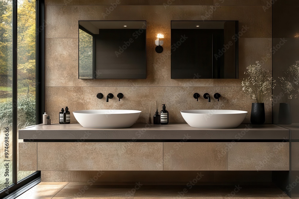 luxurious ensuite bathroom featuring sleek timber vanity with matte black fixtures dual pillshaped mirrors float above casting soft light minimalist design with earthy tones luxurious ensuite bathroom featuring sleek timber vanity with matte black fixtures dual pillshaped mirrors float above casting soft light minimalist design with earthy tones