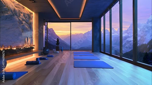 Wallpaper Mural A serene yoga studio with large windows offering stunning mountain views at sunset, featuring yoga mats and peaceful ambiance Torontodigital.ca