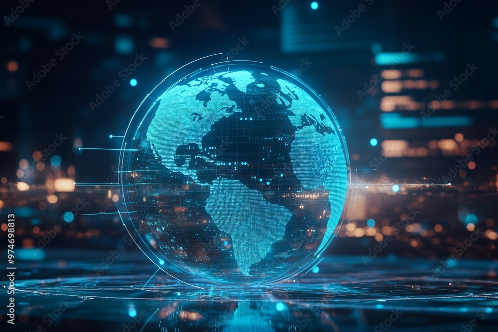 Blue holographic globe with world map showcasing data streams in ai communication and vr simulations Blue holographic globe with world map showcasing data streams in ai communication and vr simulations