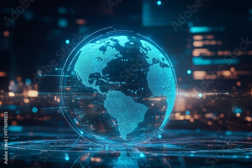 Blue holographic globe with world map showcasing data streams in ai communication and vr simulations
