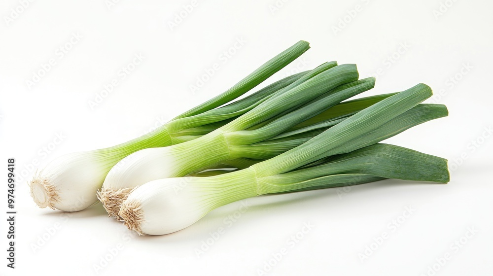 Three fresh green onions with long green tops and white bulbs on a white background. Three fresh green onions with long green tops and white bulbs on a white background.
