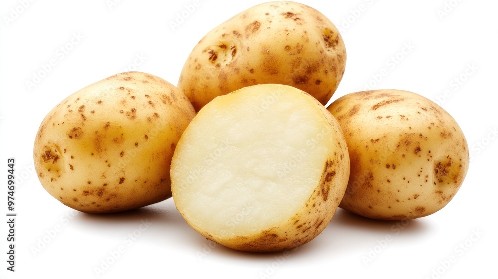 Four raw potatoes, one cut in half, showcasing their light brown skin and white flesh. Four raw potatoes, one cut in half, showcasing their light brown skin and white flesh.
