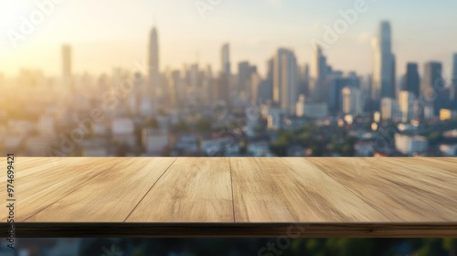 A wooden table in front of a city skyline during sunset.