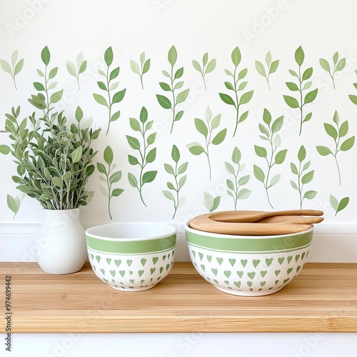 A serene kitchen scene featuring decorative bowls, wooden utensils, and a plant against a leafy wallpaper backdrop.