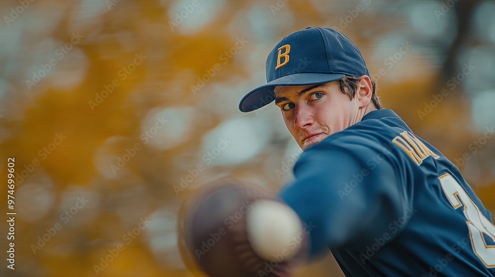 A young baseball player in motion, preparing to pitch with an autumn background. A young baseball player in motion, preparing to pitch with an autumn background.