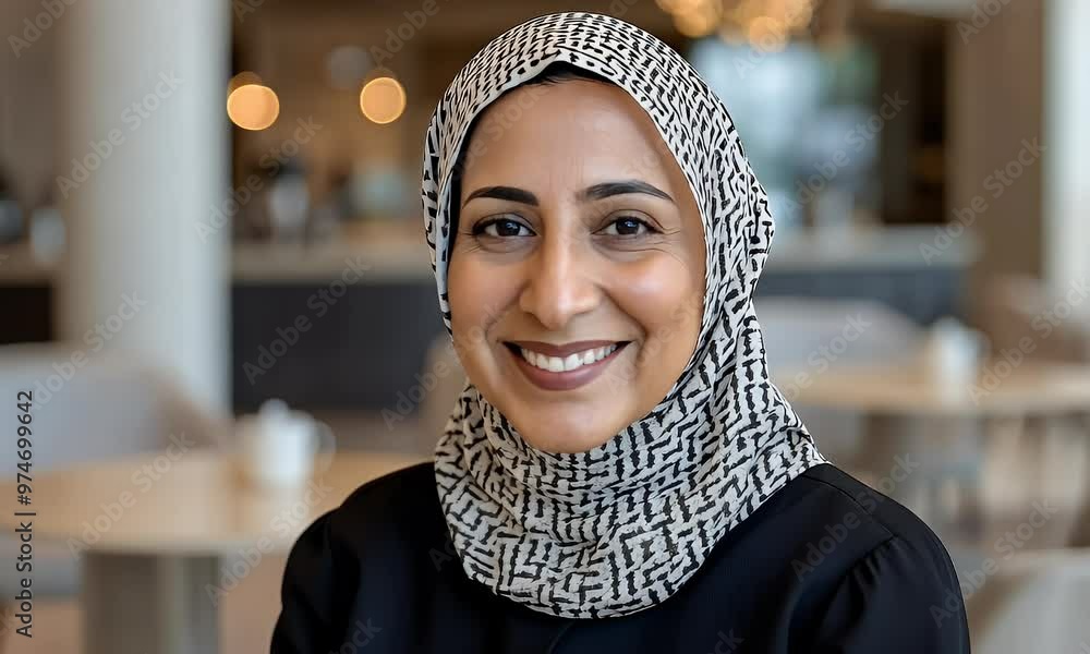 Woman in Black and White Headscarf Smiles in Restaurant Woman in Black and White Headscarf Smiles in Restaurant