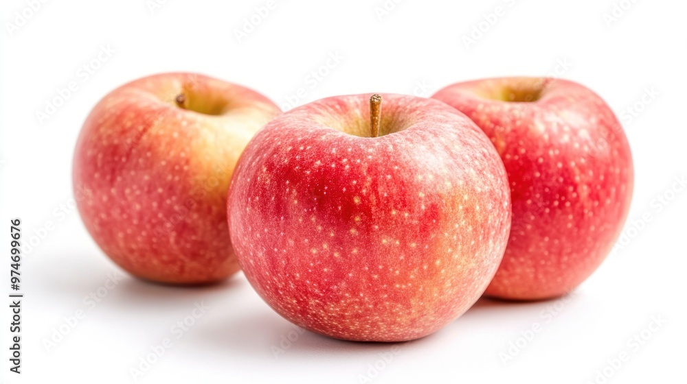 Three fresh red apples on a white background, showcasing their vibrant color and texture. Three fresh red apples on a white background, showcasing their vibrant color and texture.