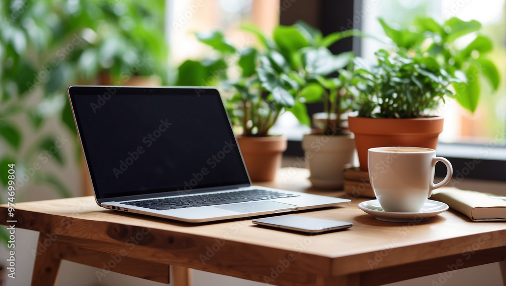 Wooden Table with Laptop White Screen and Wooden Table with Laptop White Screen and