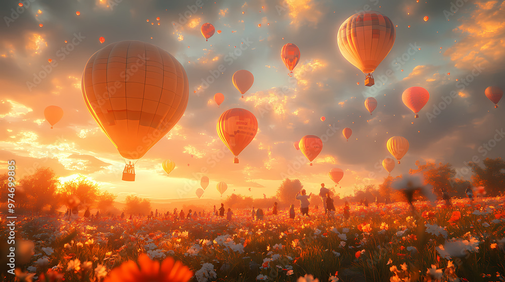 Obraz premium A whimsical scene of a vibrant hot air balloon festival, with colorful balloons floating across a bright, clear sky. Below, children and families gaze up in awe, their faces lit with joy and wonder.