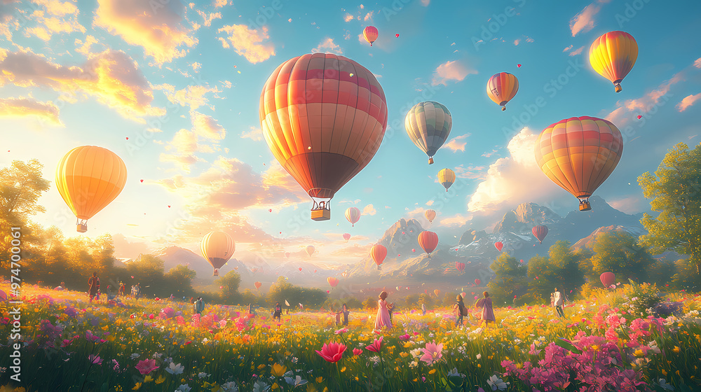 Obraz premium A whimsical scene of a vibrant hot air balloon festival, with colorful balloons floating across a bright, clear sky. Below, children and families gaze up in awe, their faces lit with joy and wonder.