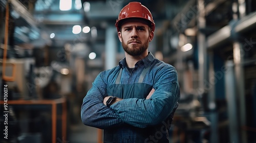 Posing with arms crossed Factory worker is indoors with hard hat : Generative AI