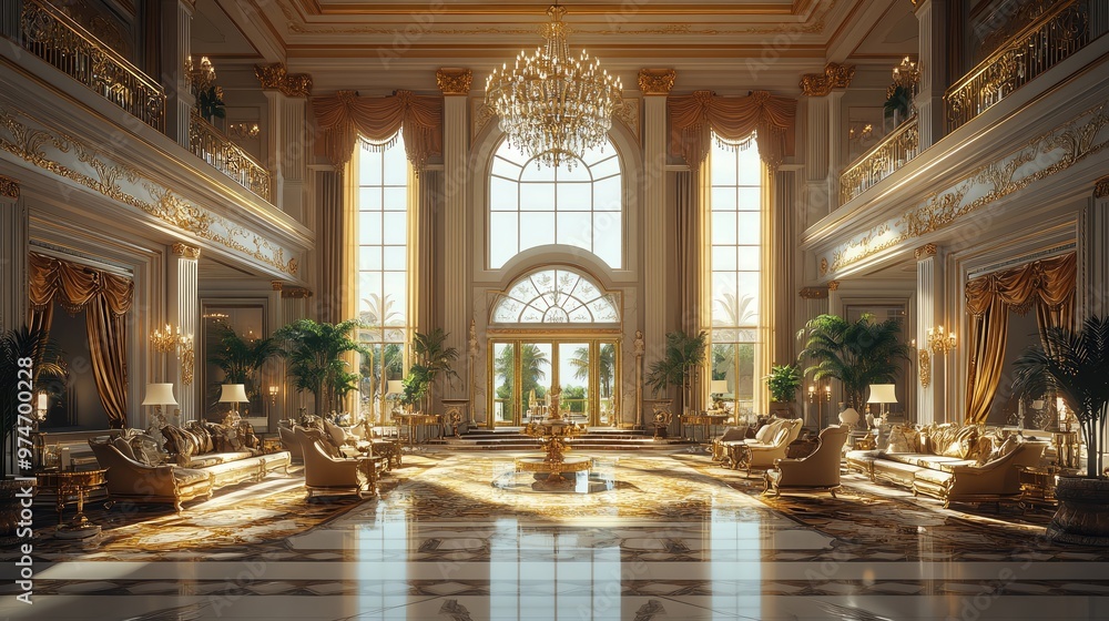 Fototapeta premium Luxurious interior of a grand hall with elegant furniture and large windows, creating a bright and inviting atmosphere.