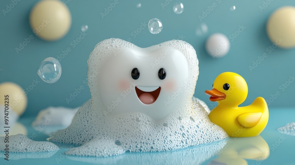 A 3D cute tooth in a bubble bath, covered in suds, with a rubber duck nearby A 3D cute tooth in a bubble bath, covered in suds, with a rubber duck nearby