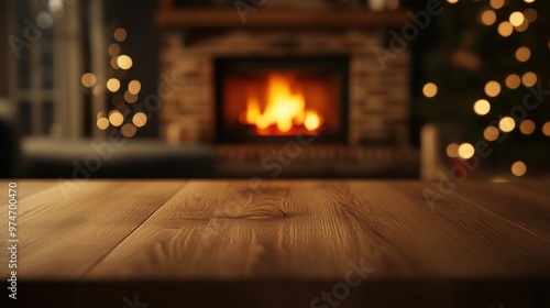 Cozy fireplace scene with a wooden table in the foreground, evoking warmth and comfort.