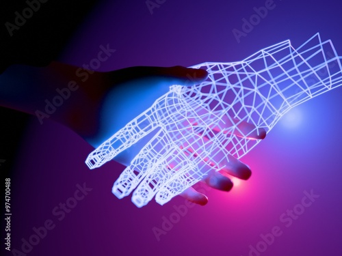 Shaking hands with artificial intelligence entity. Digital 3D render.