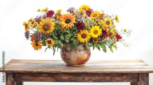 Wallpaper Mural A rustic wooden table with a large ceramic vase filled with a colorful assortment of sunflowers and daisies, set against a white background for a warm, inviting look. Torontodigital.ca