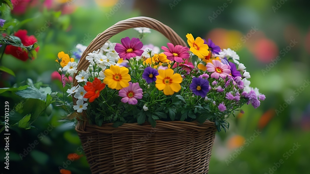Summer colorful flowers in a wicker basket : Generative AI Summer colorful flowers in a wicker basket : Generative AI