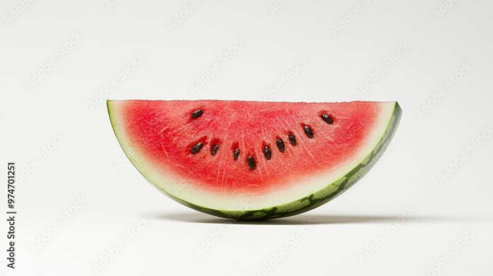 A slice of watermelon showcasing its vibrant red flesh and black seeds against a white background. A slice of watermelon showcasing its vibrant red flesh and black seeds against a white background.