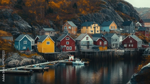 Scenic harbor with colorful houses on stilts beside calm water and rocky hills. photo