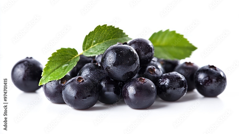 A cluster of fresh, dark berries with green leaves on a white background. A cluster of fresh, dark berries with green leaves on a white background.