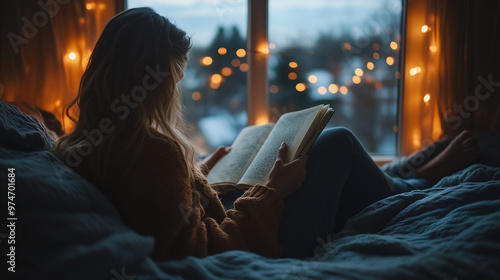 Woman Reading Book in Bed by Window with String Lights photo