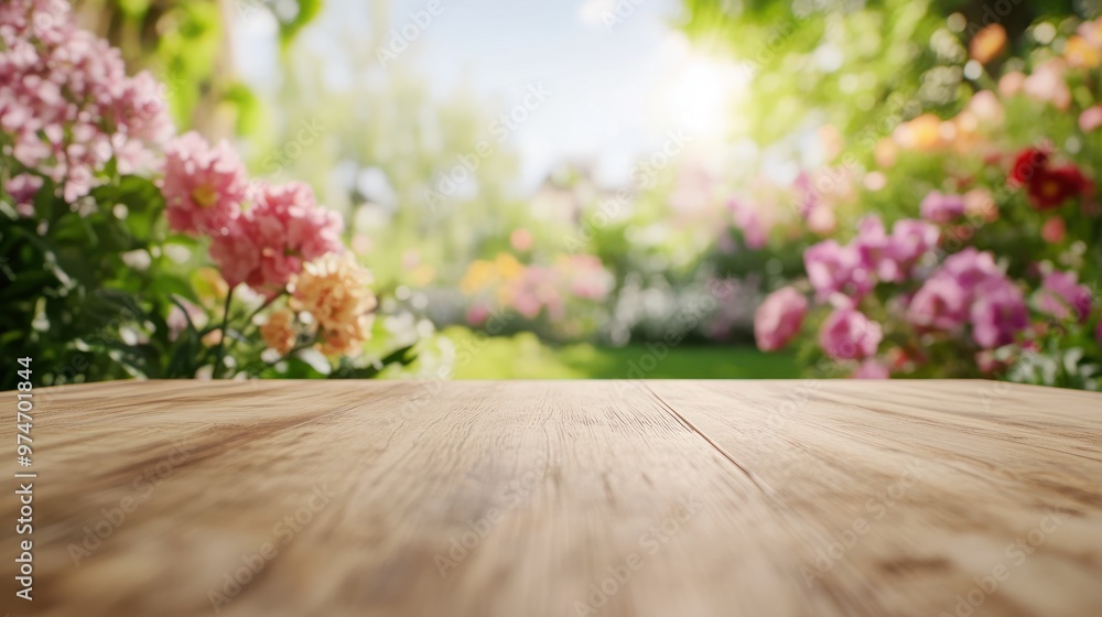 A serene garden scene with vibrant flowers and a wooden table in the foreground. A serene garden scene with vibrant flowers and a wooden table in the foreground.
