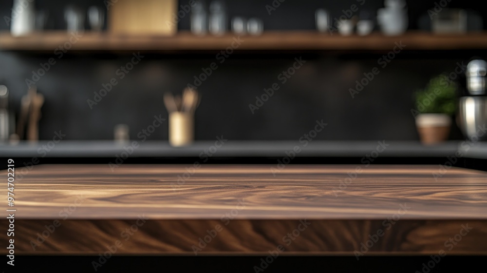 A wooden kitchen countertop with a blurred background of shelves and kitchen items. A wooden kitchen countertop with a blurred background of shelves and kitchen items.