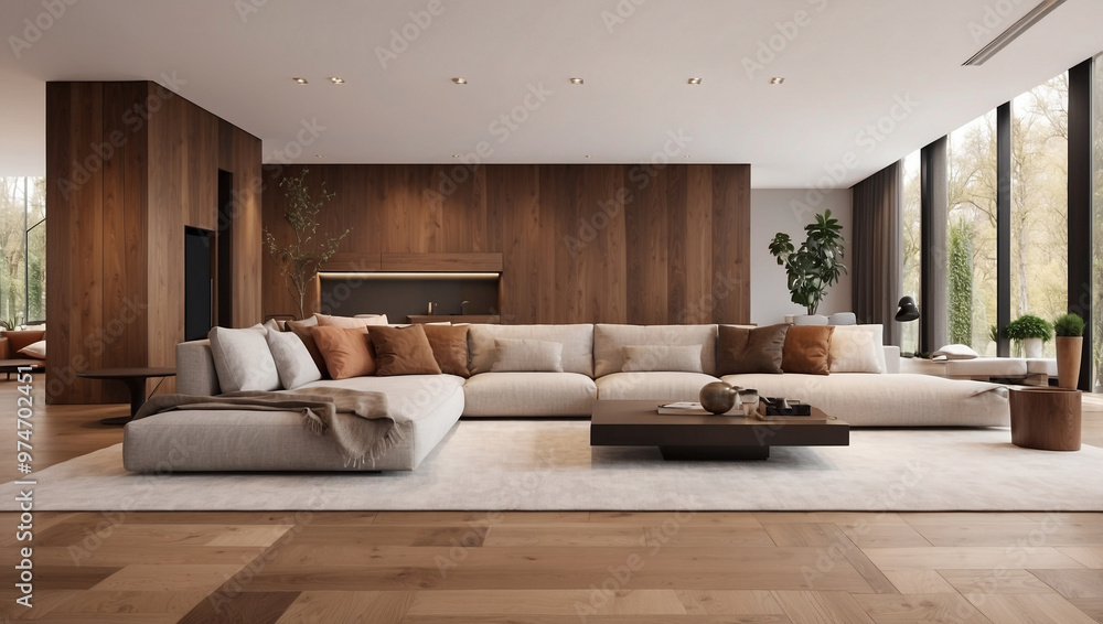 Fototapeta premium A Large Living Room with a Large Wood Floor